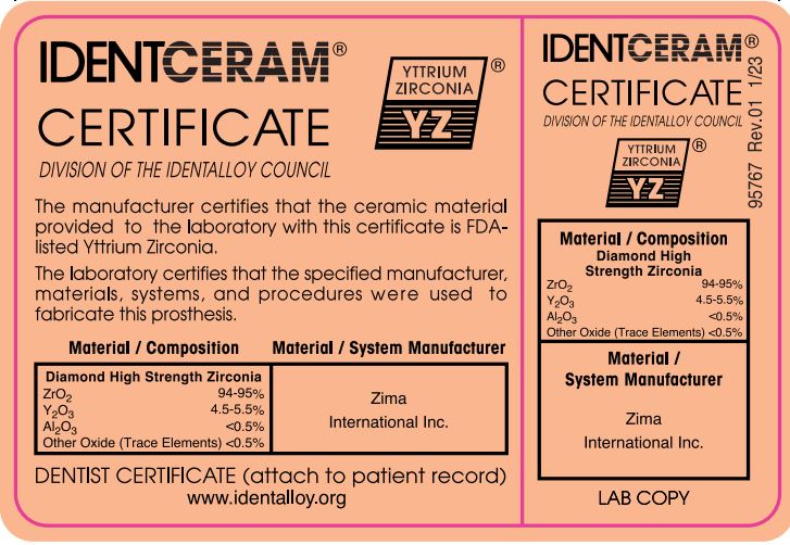 Identceram Certificate (for High Strength Zirconia) - Case of 1,000