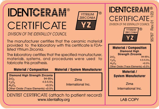Identceram Certificate (for High Strength Zirconia) - Case of 1,000