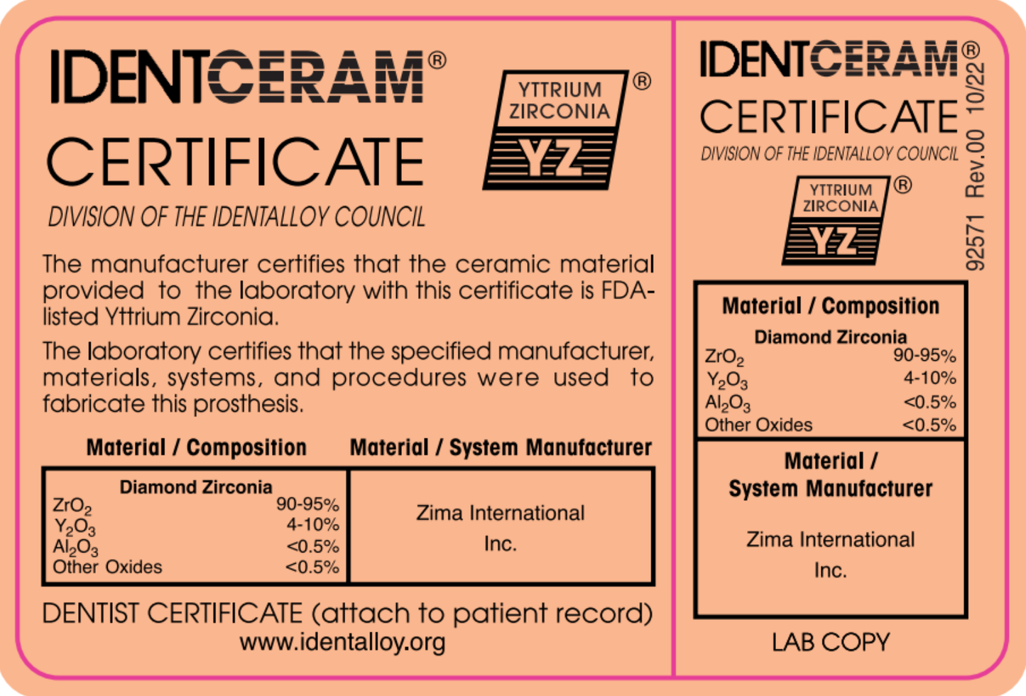 Identceram Certificate (for Signature Zirconia) - Case of 1,000
