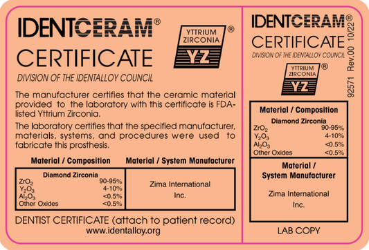 Identceram Certificate (for Signature Zirconia) - Case of 1,000